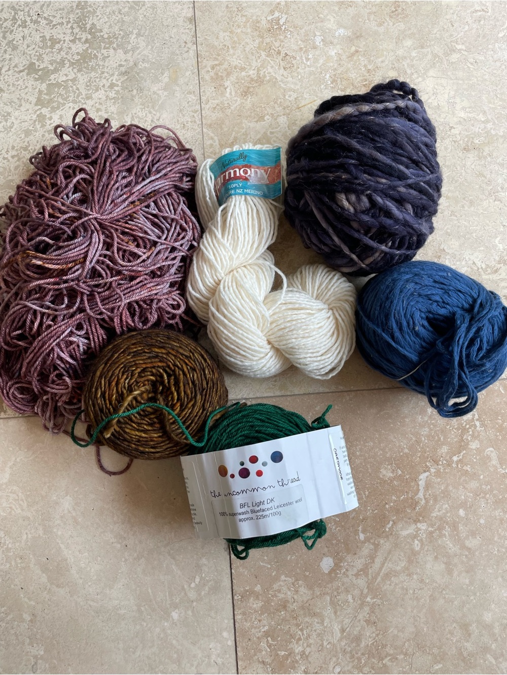 Hand-Dyed Yarn Bundle in Cream, Brown, Blue, and Green